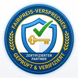 Badge: Fairpreis-Versprechen – geprüft & verifiziert, zertifizierter Schlüsseldienst-Partner