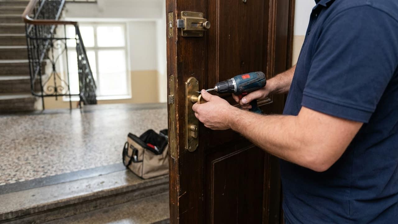 ZackAuf-Monteur montiert einen Sicherheitsbeschlag an einer Altbau-Wohnungstür im Wiener Stiegenhaus