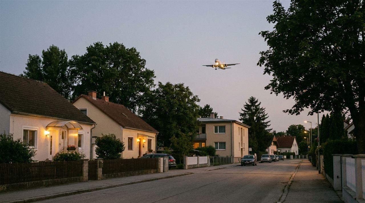 Wohnstraße in Schwechat in der Abenddämmerung, am Himmel ein Flugzeug im Anflug – Einsatzgebiet von ZackAuf