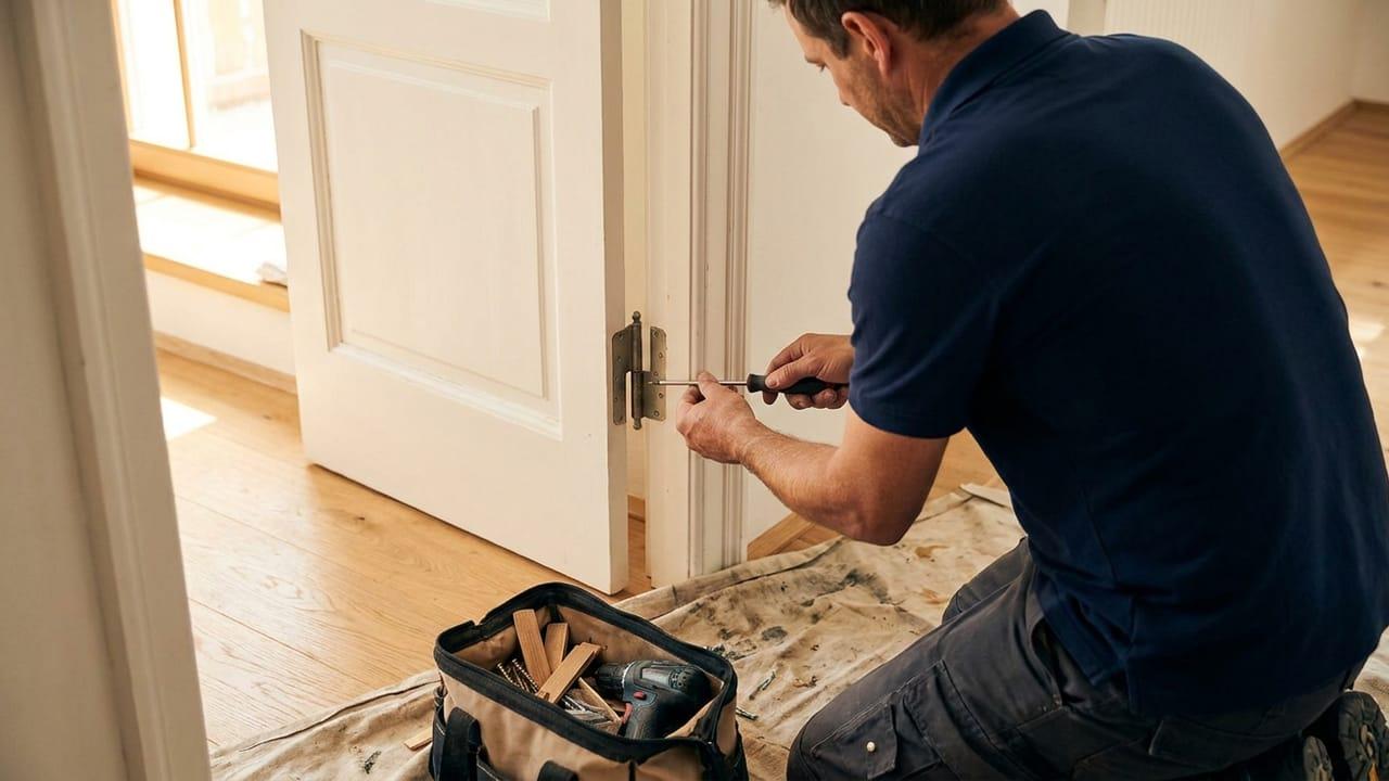 Türreparatur durch ZackAuf-Monteur: Türband einer Wohnungstür wird mit Werkzeug neu eingestellt