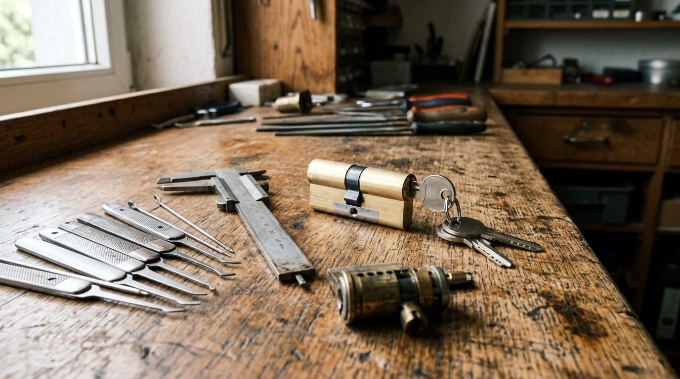 Werkzeug für die Türreparatur liegt bereit auf einer Werkbank