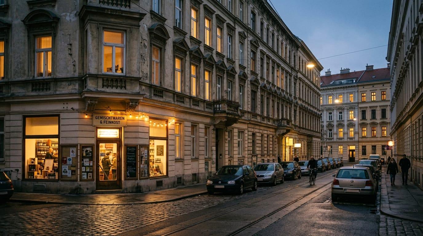 Gründerzeit-Fassaden in Ottakring am Abend