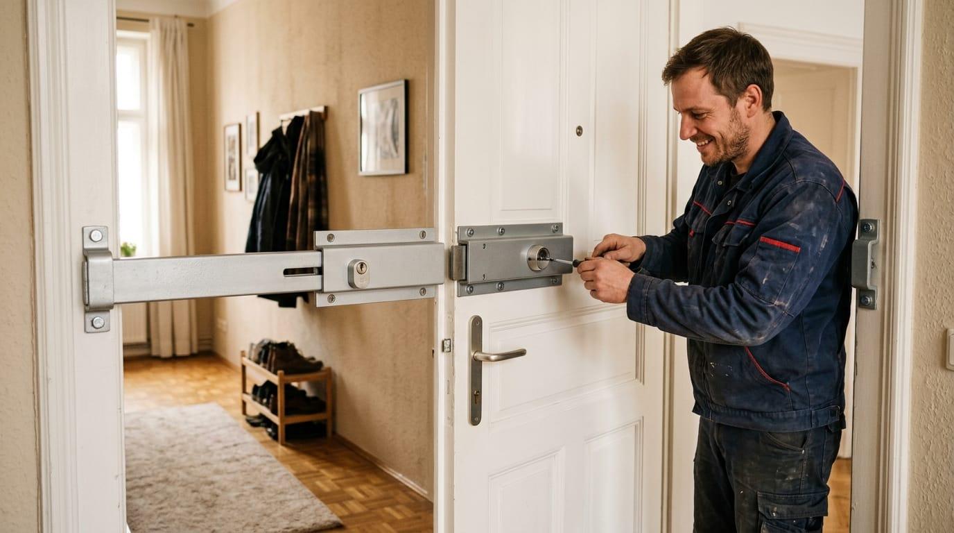 Montiertes Balkenschloss (Querriegelschloss) als Einbruchschutz an einer Wohnungstür