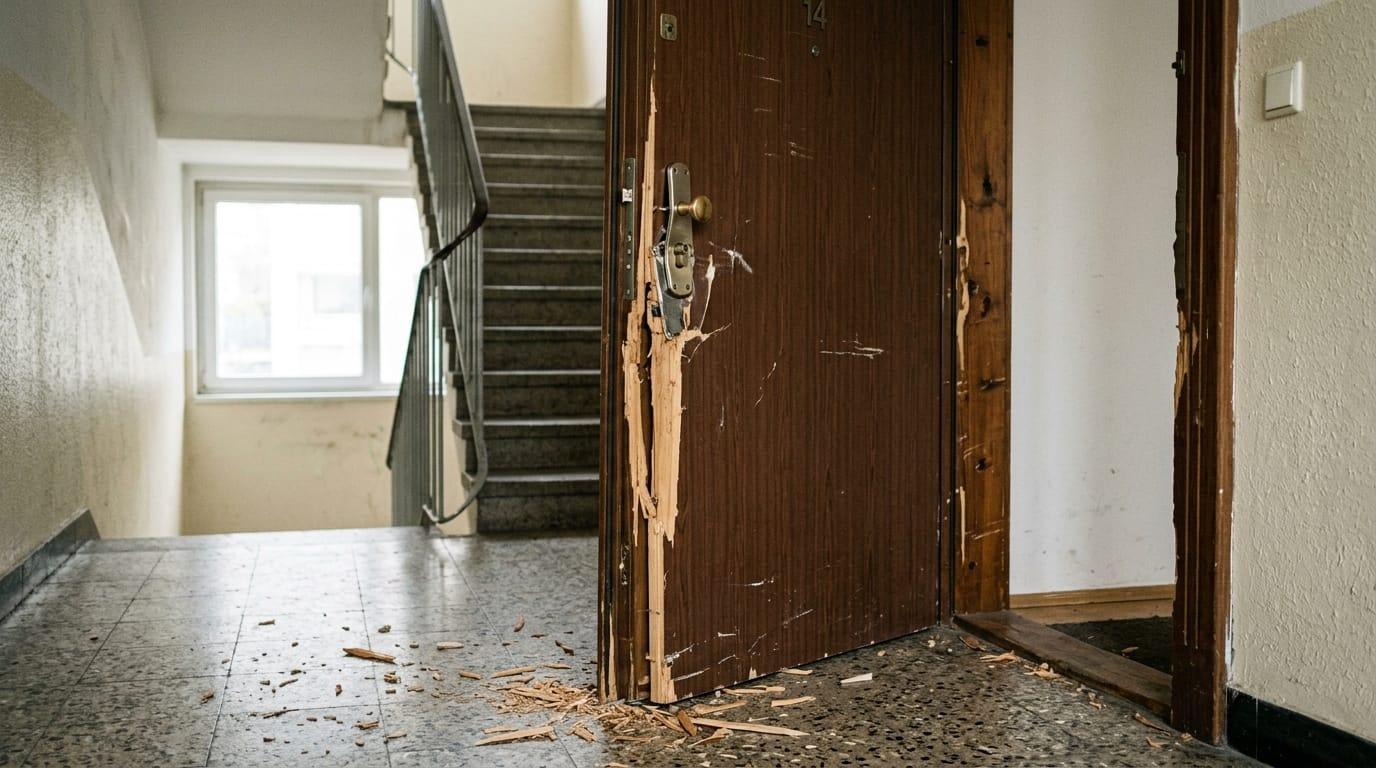 Aufgebrochene Wohnungstür nach einem Einbruch mit beschädigter Türkante und Beschlag
