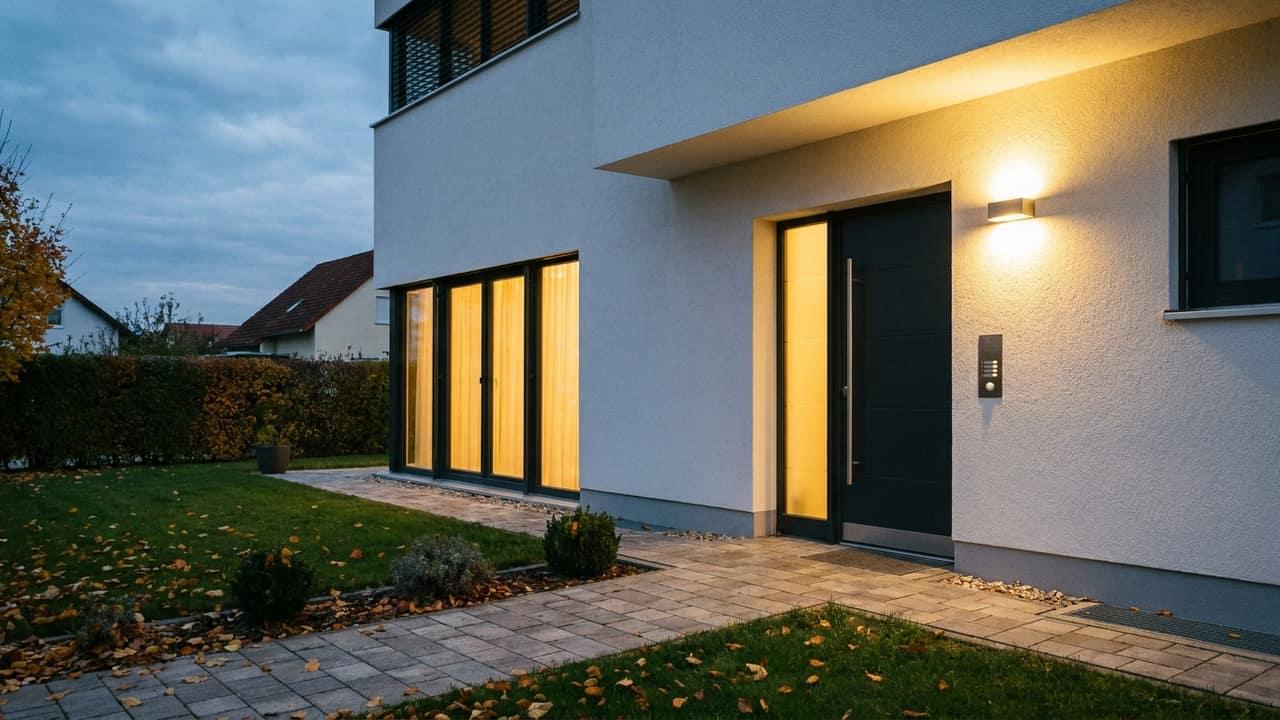 Einfamilienhaus im Tullnerfeld in der Abenddämmerung mit beleuchteter Haustür und Bewegungsmelder-Licht