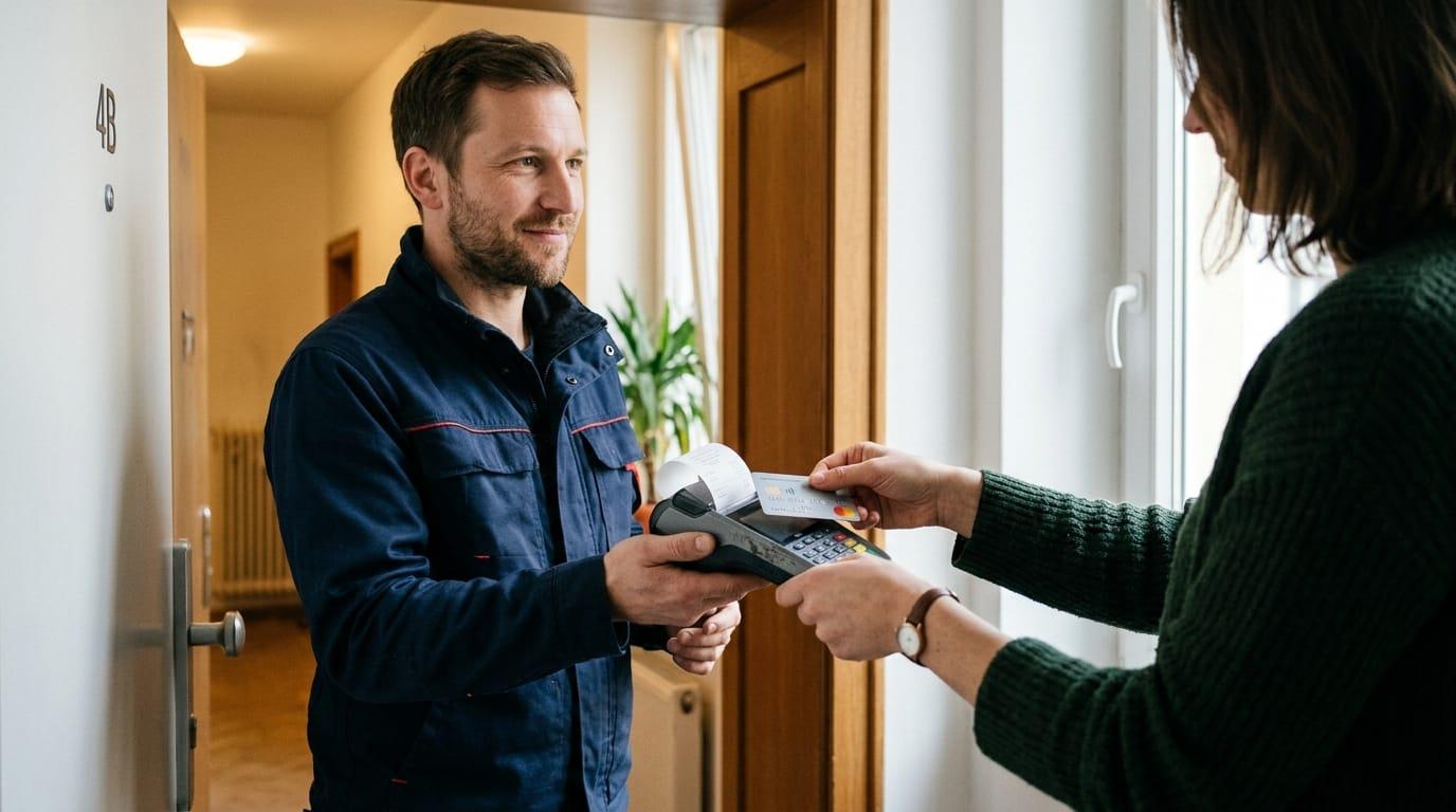 Kontaktlose Kartenzahlung am mobilen Terminal direkt an der geöffneten Wohnungstür