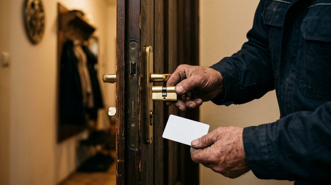 Nahaufnahme: Hände setzen einen hochwertigen Sicherheitszylinder mit Sicherungskarte in eine Wohnungstür