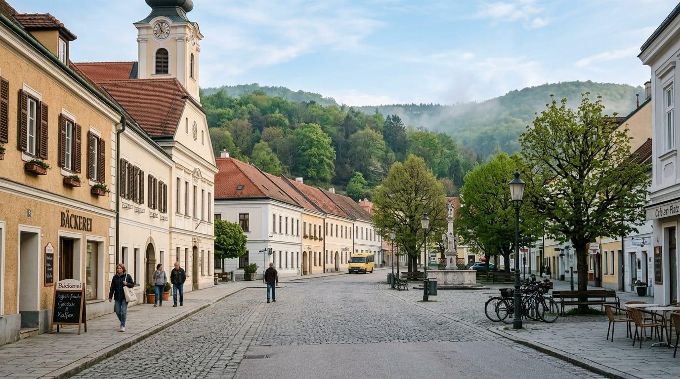 Hauptplatz von Purkersdorf mit Wienerwald-Hügeln – Einsatzgebiet von ZackAuf
