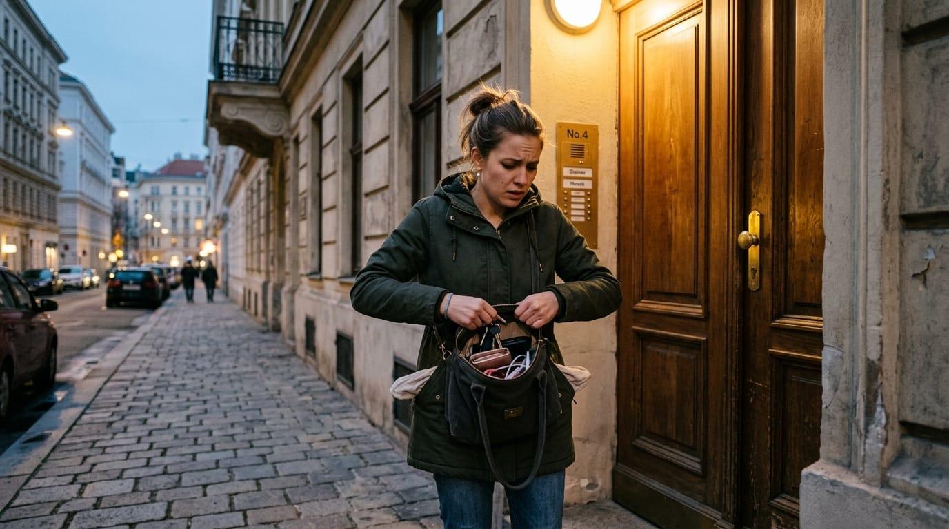 Schlüssel verloren: Frau durchsucht abends ihre Handtasche vor der Wohnungstür
