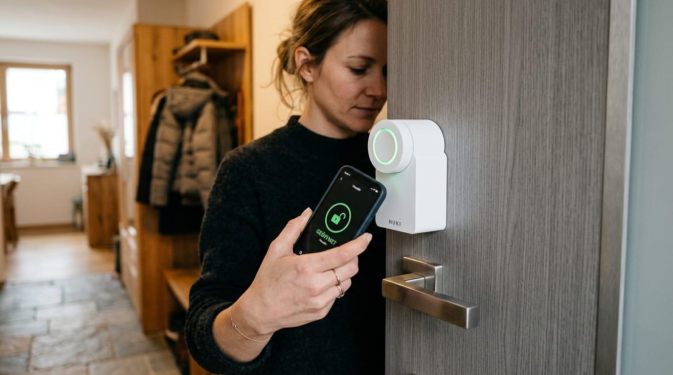Smart Lock an einer Wohnungstür wird per Smartphone-App entsperrt