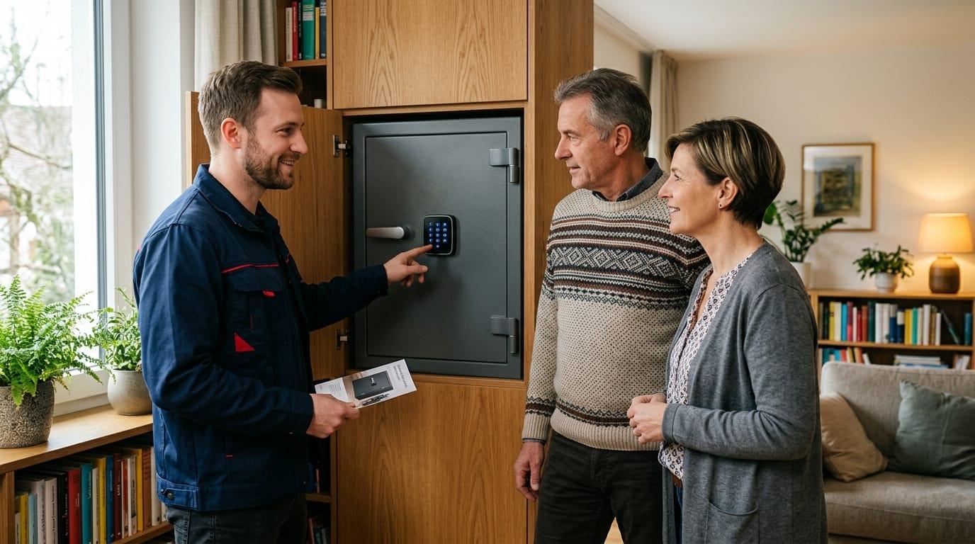 Tresor-Beratung: ZackAuf-Monteur erklärt einem Ehepaar einen Möbeltresor mit Elektronikschloss