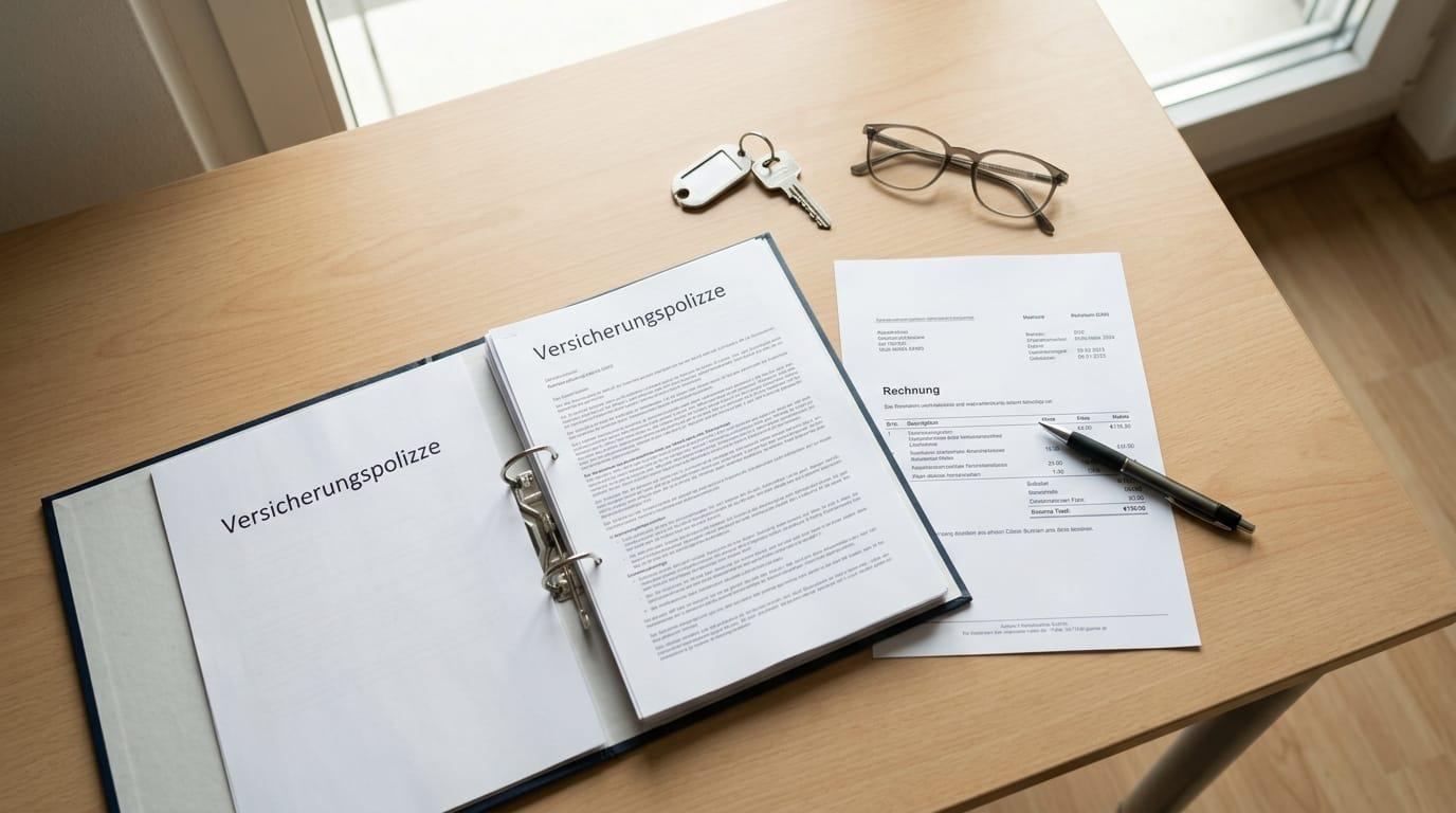 Haushaltsversicherung zahlt den Schlüsseldienst: Polizze, Schlüssel und Rechnung am Schreibtisch