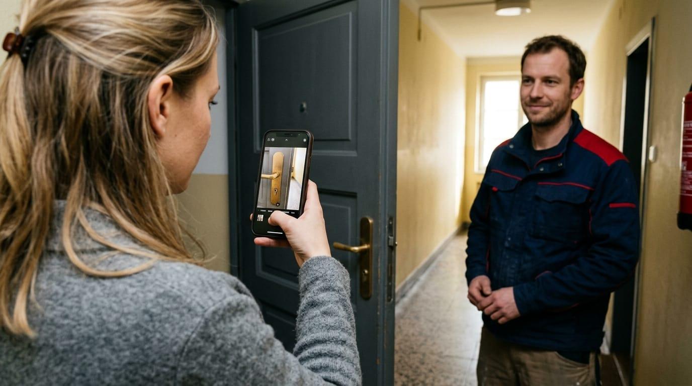 Kundin fotografiert ihr Türschloss mit dem Smartphone für den WhatsApp-Festpreis von ZackAuf